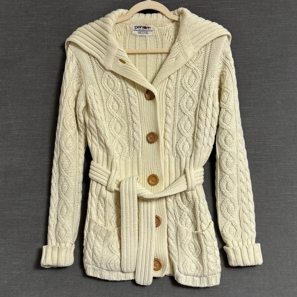 Vintage 70s Penrose Cardigan S/M Cream Belted Wood Buttons Cable Knit 80s Shawl